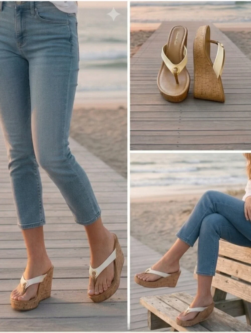 American Eagle Summer Cork Wedge Sandals w Gold Accents 7.5